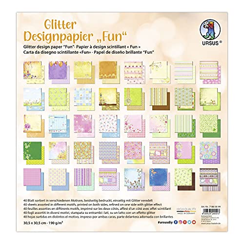 Ursus 71860099 - Glitter Design-Papier "Fun", Mix mit 40 Blatt beidseitig bedrucktem Motiv-Papier, 190 g/m², 30,5 x 30,5 cm, Vorder- und Rückseite jeweils unterschiedlich bedruckt von Ursus