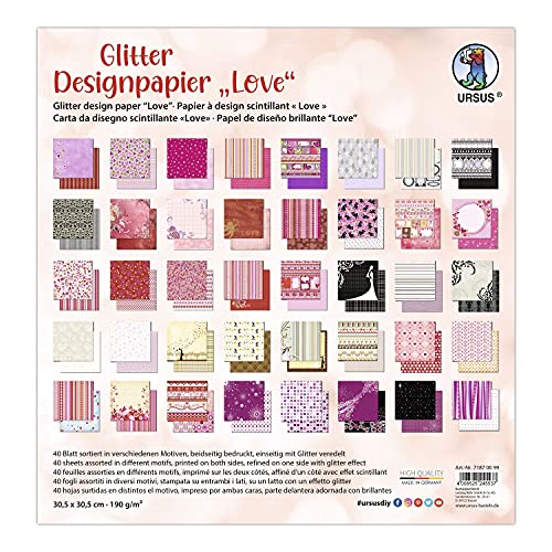 Ursus 71870099 - Glitter Design-Papier "Love", Mix mit 40 Blatt beidseitig bedrucktem Motiv-Papier, 190 g/m², 30,5 x 30,5 cm, Vorder- und Rückseite jeweils unterschiedlich bedruckt von Ursus