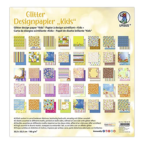 Ursus 71880099 - Glitter Design-Papier "Kids", Mix mit 40 Blatt beidseitig bedrucktem Motiv-Papier, 190 g/m², 30,5 x 30,5 cm, Vorder- und Rückseite jeweils unterschiedlich bedruckt von Ursus