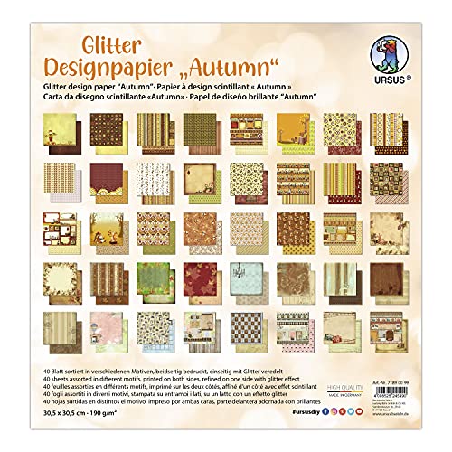 Ursus 71890099 - Glitter Design-Papier "Autumn", Mix mit 40 Blatt beidseitig bedrucktem Motiv-Papier, 190 g/m², 30,5 x 30,5 cm, Vorder- und Rückseite jeweils unterschiedlich bedruckt von Ursus