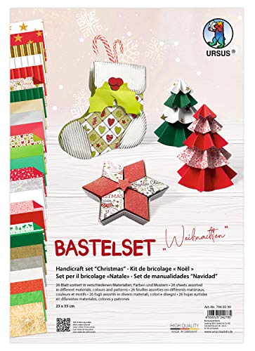 Ursus 7940099 - Bastelset Weihnachten, 26 Blatt in verschiedenen Materialien, Farben und Mustern, ca. 23 x 33 cm, zum Basteln von weihnachtlichen Dekorationen, für zahllose Bastelstunden, bunt von Ursus