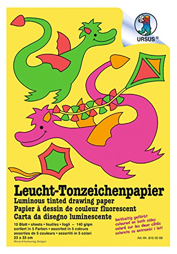 Ursus 8150099 - Leucht Tonzeichenpapier, ca. 23 x 33 cm, 140 g/qm, 10 Blatt in 5 verschiedenen Neonfarben, beidseitig bedruckt, aus Frischzellulose, hohe Farbbillanz und Lichtbeständigkeit von Ursus