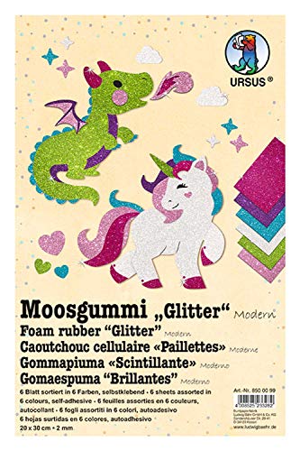 Ursus 8500099 - Moosgummi Glitter Modern, 6 Blatt in 6 verschiedenen Farben, ca. 20 x 30 cm, 2 mm stark, selbstklebend, lichtbeständig, wasserfest, flexibel und knickfest, vielseitig verwendbar von Ursus