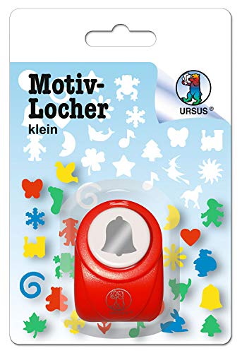 Ursus Motivlocher klein, Glocke, aus rotem Kunststoff mit Metallstanze, Durchmesser ca. 16 mm, für Papierqualitäten von 160-220 g/qm, mit Druckknopffunktion für eine einfache Handhabung von Ursus