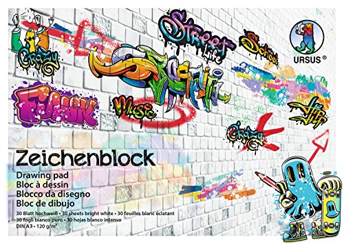 Ursus 4864000 - Zeichenblock Street Art, hochweiß, DIN A3, 30 Blatt, 120 g/qm, holz und chlorfrei, aus extra strakem Schulzeichenpapier, ideal für die Schule oder in der Freizeit von Ursus