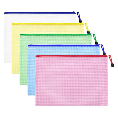 Ushine A5 Dokumententasche mit Reißverschluss,5 Stück Portable Mesh Kunststoff Reißverschlusstasche,Wasserdicht und Feuchtigkeitsbeständig,Geeignet für Dokumente,Papier,Quittungen,Kosmetika-Mehrfarbig von Ushine