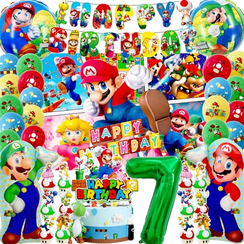 Mario Geburtstag Deko 7 Jahre, Super -Mario Kindergeburtstag Deko Set, super-mario luftballon 7. Geburtstag, Mario Party Deko Zahlenballon mit mario Hintergrundstoff, Mario Ballon Girlande Party Deko von Usizaxol