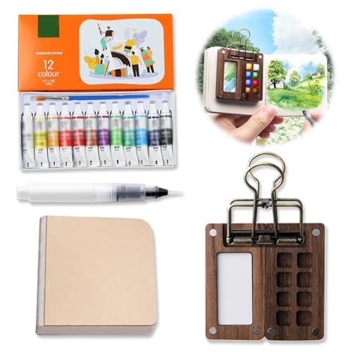 Reise Set, Aquarell-Reise-Set, tragbares Mini-Aquarell-Paletten Set Mini Watercolor Paint Set Wood Aquarell Skizzenbuch Maler Clips für Maler, Künstler, Studenten (8 Gitter) von Usper