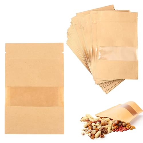 Utapossin 100 Pcs Papiertüten Klein, Tüte Mit Fenster, Kraftpapier Tüten, Standbodenbeutel Mit Sichtfenster, Gebrannte Mandeln Tüten, Papiertüten Bäckerei Für Nüsse, Kaffeebohnen (12 × 20 cm) von Utapossin