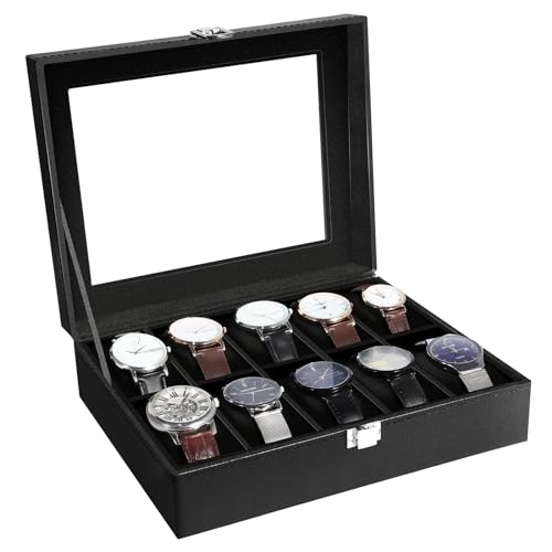 Uten Uhrenbox für 10 Fächern, Uhrenbox Herren, Uhren Aufbewahrungsbox mit Glasdeckel, Samtfutter, Abnehmbares Polster, Metallschnalle, Schmuckschatulle für Herren und Damenuhren, Schwarz von Uten