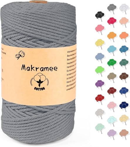 3mm x 200m Makramee Garn, Baumwollgarn, Macrame Kordel für Basteln, Pflanzenbügel-Hellgrau von Uvolo