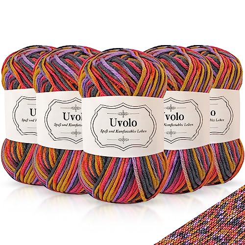 Uvolo Handstrickgarn Farbverlauf 250g(5x50g), Häkelgarn Bunt Regenbogen, Acrylgarn zum Stricken, Baumwolle, Mehrfarbiges Garn zum Stricken Häkeln und Bastel-19 Gelb Violettes Rosa von Uvolo