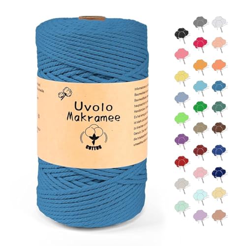 Uvolo Makramee Garn 3mm x 200m, Baumwollgarn, Macrame Kordel für Basteln, Pflanzenbügel(Blauer See) von Uvolo