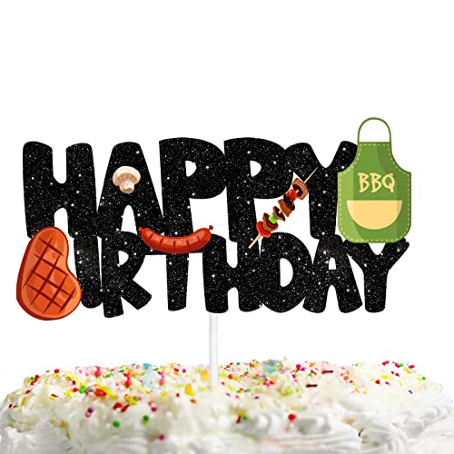 BBQ Happy Birthday Kuchenaufsatz Kochen Outdoor Kebabs Thema Dekor Supplies Baby Shower Junge Mädchen Happy Birthday Sommer Party Dekorationen Schwarz Glitzer von Uwaikin