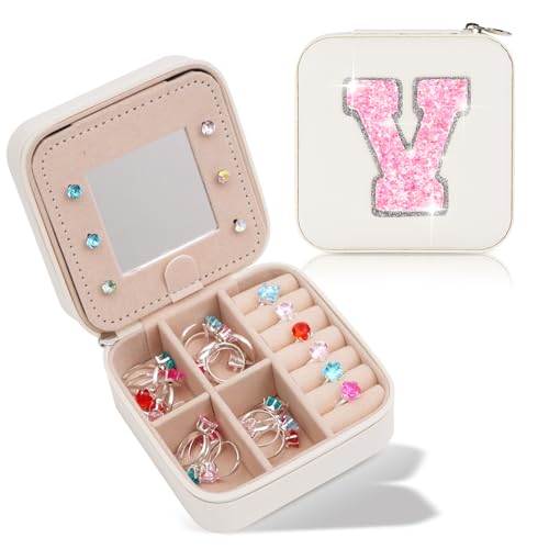 Uygafly Personalisiertes Schmuckkästchen für Damen und Mädchen – modische Mini-Schmuckschatullen – trendiger Reise-Schmuck-Organizer mit Initialen – Teenager-Geschenke, Creme, V von Uygafly