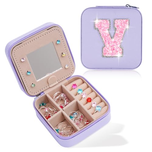 Uygafly Personalisiertes Schmuckkästchen für Damen und Mädchen – modische Mini-Schmuckschatullen – trendiger Reise-Schmuck-Organizer mit Initialen – Teenager-Geschenke | Lavendel, V von Uygafly