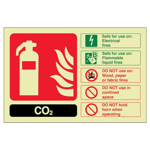 VSafety englisches Warnschild für Feuerlöscher, CO2-Kennzeichnung, leuchtet im Dunkeln, 150 x 100 mm, selbstklebendes Vinyl von VSafety