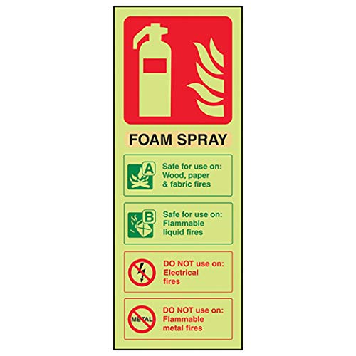 VSafety Feuerlöscher-Kennzeichnungsschild „Foam Spray“, „Not Electrical Safe“ leuchtet im Dunkeln, 75 x 200 mm, selbstklebendes Vinyl (in englischer Sprache) von VSafety