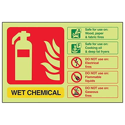 VSafety Glow in the Dark Wet Chemical ID Feuerlöscher Schild – 150 mm x 100 mm – selbstklebendes Vinyl von VSafety