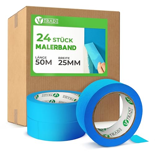 V1 TRADE Kreppband 50 mm x 25 m - 24 Stück Universal Malerkrepp Hilfreich beim Malen - Leicht Abnehmbar Abklebeband - Malerband Wasserdicht - Klebeband Blau von V1 TRADE