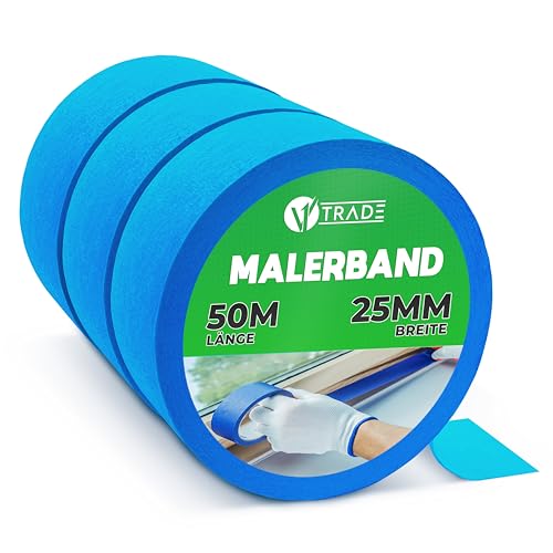 V1 TRADE Kreppband 50 mm x 25 m - 3 Stück Universal Malerkrepp Hilfreich beim Malen - Leicht Abnehmbar Abklebeband - Malerband Wasserdicht - Klebeband Blau von V1 TRADE