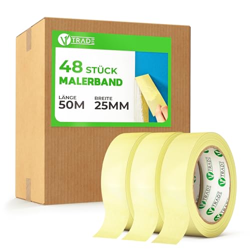 V1 TRADE Kreppband - Universal Malerkrepp Hilfreich beim Malen - Leicht Abnehmbar Abklebeband - Malerband Wasserdicht - Klebeband Gelb (48 Stück, 25mm x 50m) von V1 TRADE