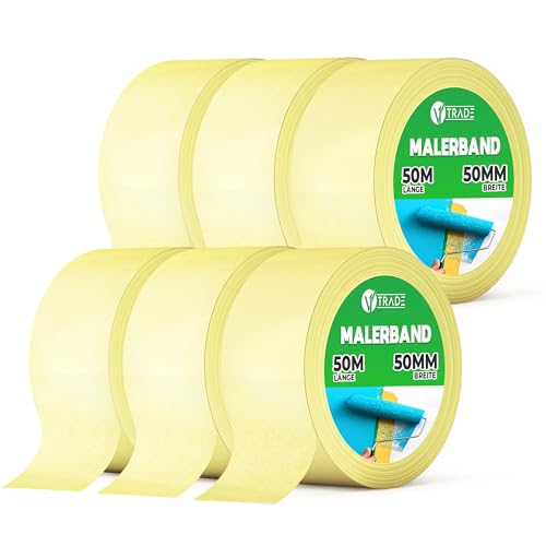 V1 TRADE Kreppband 50 mm x 50 m - 6 Stück - Universal Malerkrepp Hilfreich beim Malen - Leicht Abnehmbar Abklebeband - Malerband Wasserdicht - Klebeband Gelb (1, 6 stück) von V1 TRADE