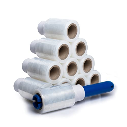 V1 Trade Mini Stretchfolie Transparent - 10x Strechfolienrolle + Abroller - Wickelfolie - Handstretchfolie 150 Meter Lang und 10 cm Breit - Verpackungsmaterial - Verpackungsfolie auf Rolle - Folie von V1 TRADE