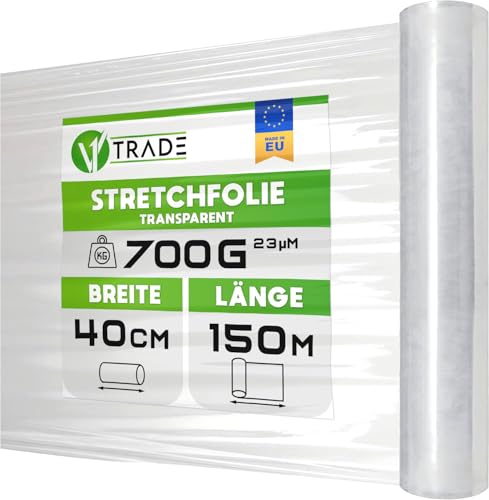 V1 Trade Stretchfolie Transparent folie für möbel - Hand umzugfolie 150m x 40 cm - Stretchfolienrolle Transparentfolie 23my - Verpackungsfolie auf Rolle - Wickelfolie - Umzugsfolie Dehnung 250% von V1 TRADE