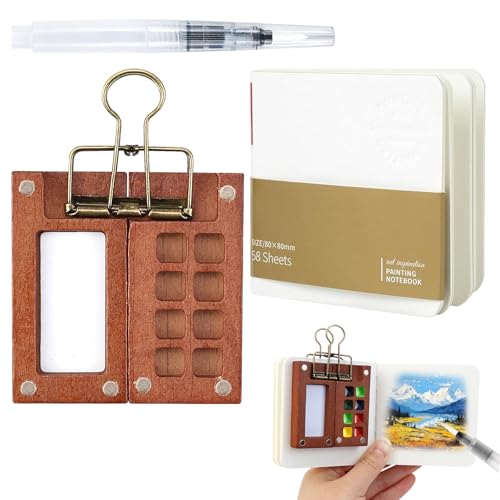 Mini Palette, Mini Aquarell Set, 8 Grids Tragbare Skizzenbuch-Palette, Reise Aquarellpalette, Pocketartist Travel Set mit Binder-Clips, Aquarellpapier, Aquarellpinsel Stifte von VAIAV