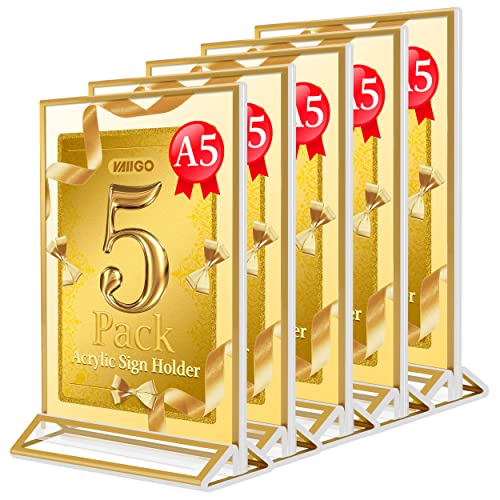 VAIIGO Thekenaufsteller A5 Bilderrahmen Golden, 5 Stück Goldener Doppelseitiger T-Ständer Aufsteller Bilderrahmen, Seitenklares Acryl Tischaufsteller Menükartenhalter Werbeaufsteller Hochzeitsparty von VAIIGO