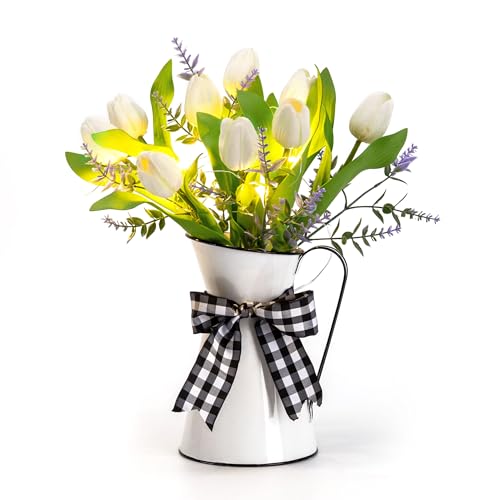 Valery Madelyn Künstliche Tulpen, Tafelaufsätze für Tische, Frühlings- und Sommerdekoration, beleuchtete weiße Kunstblumen in Vase, Seidenblumen-Arrangements für Hochzeitstag, Kaffee, Esstisch, 36,1 von VALERY MADELYN