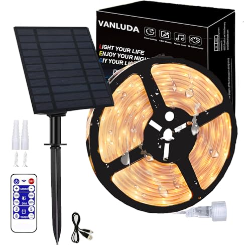 Solar LED Streifen Außen,5600mAh 10m LED Strip IP67 Wasserdichter 640 LEDs,Dimmbare Lichtleisten mit Fernbedienung,Warmweißes LED Lichter für Gartenbäume Zuhause Weihnachten Urlaub Terrasse Party von VANLUDA