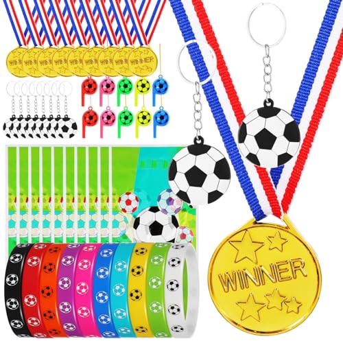 VANZACK Fußball-Sport-Partygeschenke Fußball-Partyzubehör Mit Medaillen Silikonarmbändern Pfeifen Schlüsselanhänger Pfeife Und Aufbewahrungstaschen Für Fußball-Geburtstagsdekorationen von VANZACK