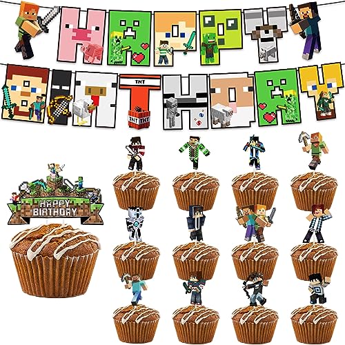 VARACL 14 Stück Pixel Miner Craft Game Cupcake Toppers Geburtstag Party Banner Pixel Miner Basteln Banner Videospiel Cupcake Topper für Pixel Videospiel Party Dekorationen Supplies von VARACL