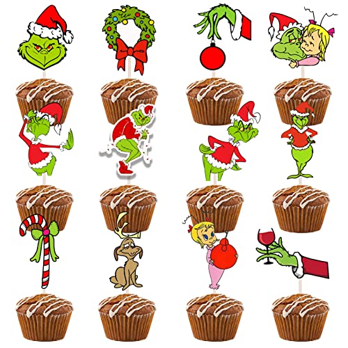 VARACL 24 Stück Grinch Cupcake Toppers, Grinch Weihnachten Cupcake Toppers Food Fruit Picks für Grinch Party Dessert Dekoration, Grinch Geburtstag Kuchen Dekoration, Grinch Weihnachten Party Dekorationen Supplies von VARACL