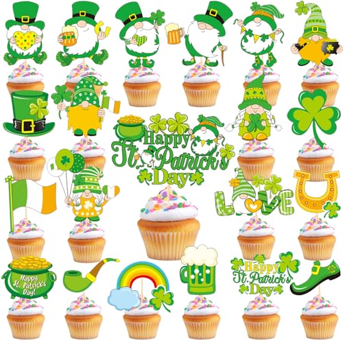 VARACL Cupcake-Topper "Happy St. Patrick's Day", 21 Stück, Kleeblatt-Cupcake-Topper, St. Patrick's Day, Kuchendekoration, Kleeblatt-Zahnstocher, Lebensmitteldekorationen für St. Patrick's Day, von VARACL