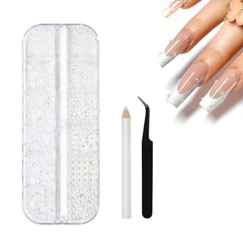 VARKAGE 1 Box/12 Tabletts Nail Art Charms, 3D Weiß Pearl Nagel Steinchen, Charms Nägel Nageldekoration Diy Nail Art Crafts mit Aufnahmewerkzeug und Pinzette von VARKAGE