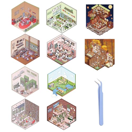 VARKAGE 10 Sets DIY 3D Sticker Scene, Cute Fun DIY 3D House Stickernest, Make Your Own Buchhandlung, Bäckerei, Supermarkt Miniatur Sticker Scene mit Tweezer für Adult Kids Relief Stress Pass The Time von VARKAGE