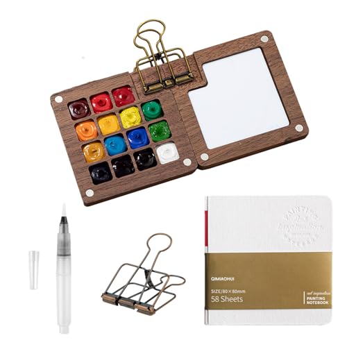 VARKAGE 15 Grids Holz Mini Palette, Mini Aquarell Set mit Binder-Clips, Zusammenklappbare Portable Pocketartist Travel Set mit Aquarellpapier Journal, Aquarellpinsel Stifte und EIN Clip von VARKAGE