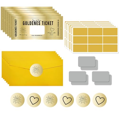 VARKAGE 6 Stücke Goldenes Ticket und 6 Bilder Rubbelaufkleber, Wunschgutschein mit Rubbelaufkleber zum Ausfüllen, Gutscheinkarte für Weihnachten, Geschenkidee mit Umschlag für Freundin,Mama & Kind von VARKAGE