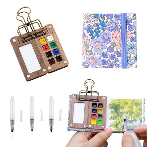 VARKAGE Portable Nano Palette, 8 Grids Holz Reise Malpalette Mini Aquarell Set, Watercolor Palette mit Aquarellpapier Journal, Aquarellpinsel Stifte und Ein Clip von VARKAGE