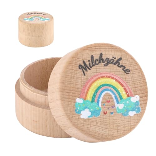 VARKAGE Zahndose Milchzähne Mädchen, Milchzahndose Jungen aus Holz, Zahnbox für Milchzähne mit Schnitzerei, Jungen und Mädchen Kindergeburtstag Geschenk (Regenbogen) von VARKAGE