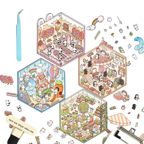 Varkage 4 Stück 3D Sticker Scene, Diy 3D House Stickers, Fun Diy Cute Cartoon Stickers Scene For Adult Kids von VARKAGE