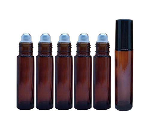 VASANA 6 x 10 ml kleine Unzen ätherisches Öl Roller Flaschen leere Glasflaschen Roll-on Flaschen mit Edelstahl-Rollkugeln für ätherische Öle, Parfümöle, Aromatherapie-Flüssigkeiten von VASANA