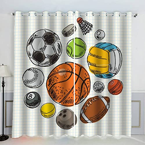 VASENA Basketball Gardinen Kinderzimmer 3D Drucken Fenstervorhang Hand Gezeichneter Sportball Vorhänge Abdunkelnd Blickdichte Schallschutz Gardinen mit Ösen 2er-Pack (140x160 cm) von VASENA