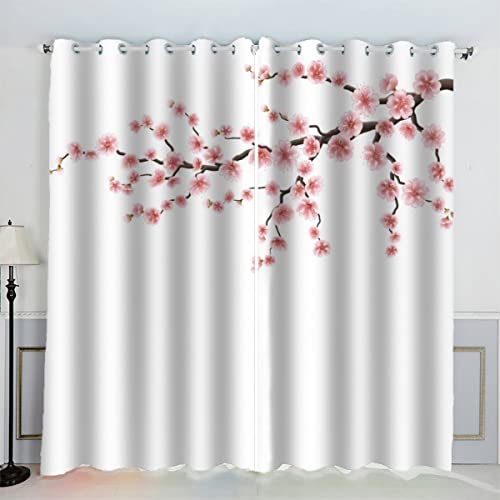 VASENA Japanische Kirschblüten Gardinen Kinderzimmer 3D Drucken Fenstervorhang Blumen Weiß Vorhänge Abdunkelnd Blickdichte Schallschutz Gardinen mit Ösen 2er-Pack (140x160 cm) von VASENA