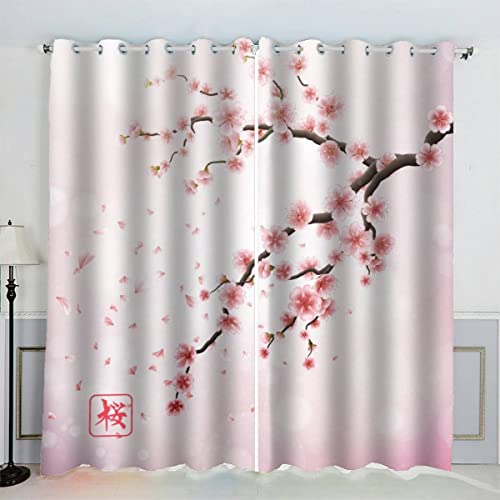 VASENA Kinderzimmer Vorhänge Japanische Kirschblüten Rosa Blumenmuster Fenstervorhang mit ösen Junge Mädchen Schlafzimmer Wohnzimmer Küche Verdunklungsvorhang 2-Set (150x166 cm) von VASENA