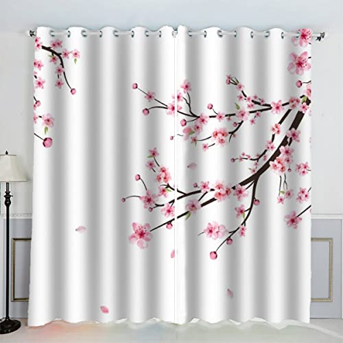 VASENA Kirschblüten Blühende Zweige Gardinen Kinderzimmer 3D Drucken Fenstervorhang Blumen Rosa Vorhänge Abdunkelnd Blickdichte Schallschutz Gardinen mit Ösen 2er-Pack (140x160 cm) von VASENA