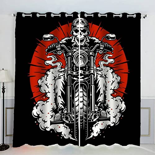 VASENA Schädel Biker Gardinen Kinderzimmer 3D Drucken Fenstervorhang Gotisch Vorhänge Abdunkelnd Blickdichte Schallschutz Gardinen mit Ösen 2er-Pack (140x160 cm) von VASENA